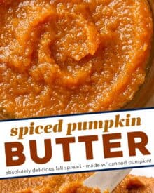 This homemade spiced pumpkin butter is velvety, rich, and tastes like a spread-able version of pumpkin pie! Made with canned pumpkin for convenience, it's great on breads, pastries, used in baking, or just eaten with a spoon!