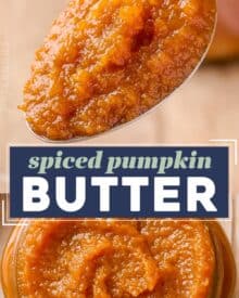 This homemade spiced pumpkin butter is velvety, rich, and tastes like a spread-able version of pumpkin pie! Made with canned pumpkin for convenience, it's great on breads, pastries, used in baking, or just eaten with a spoon!