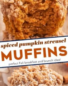 These bakery-style Spiced Pumpkin Streusel Muffins are soft and tender, and bursting with pure Fall flavor in every bite! Perfect as a breakfast or snack, these muffins are also freezer-friendly.