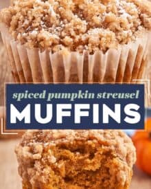 These bakery-style Spiced Pumpkin Streusel Muffins are soft and tender, and bursting with pure Fall flavor in every bite! Perfect as a breakfast or snack, these muffins are also freezer-friendly.