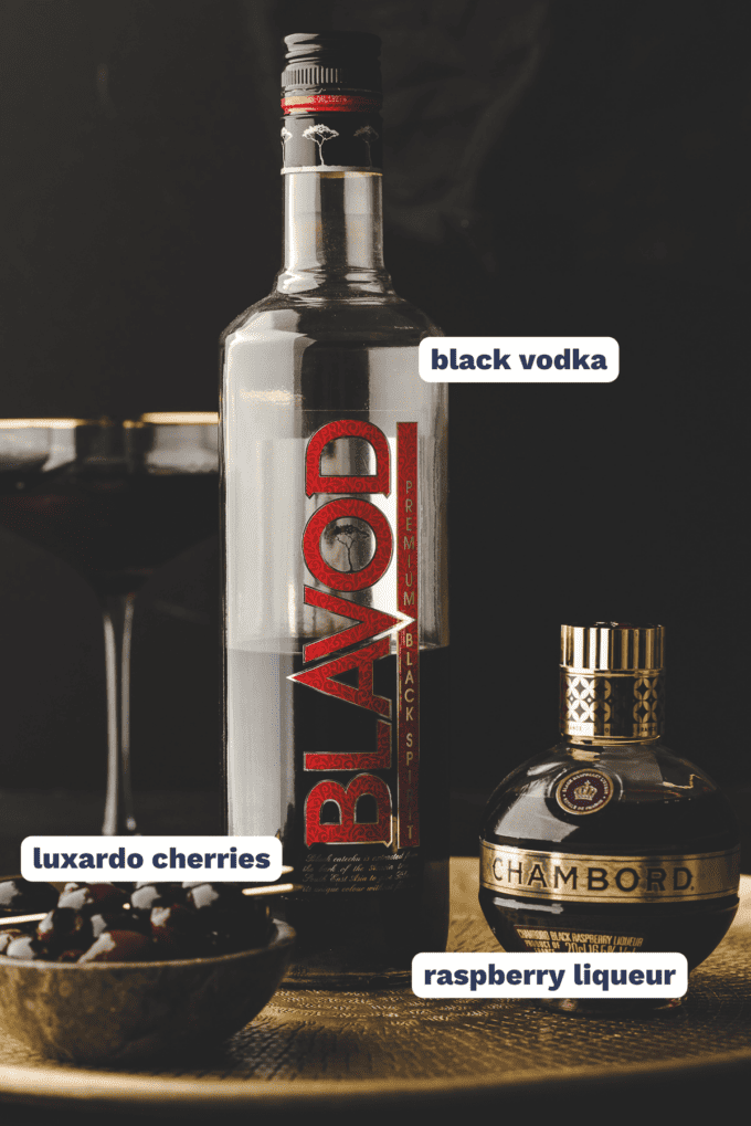 photo of ingredients needed to make a black vodka martini
