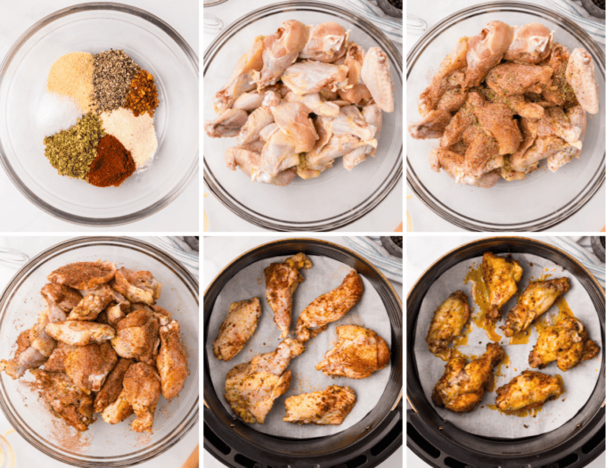 step by step photo collage of how to make crispy air fryer chicken wings.