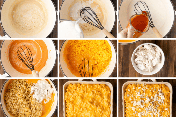 step by step photo collage of how to make buffalo chicken mac and cheese.