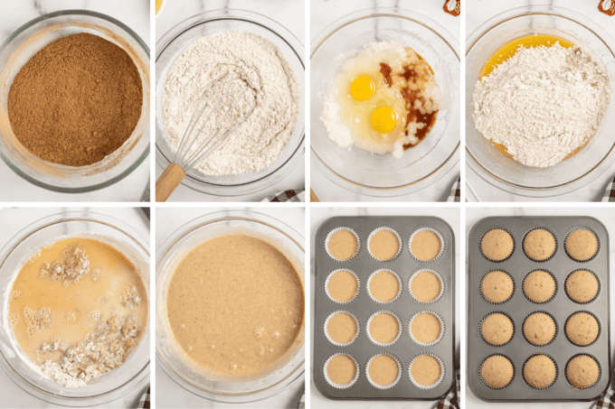 step by step photo collage of how to make chai latte cupcakes.