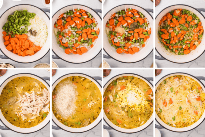 step by step photo collage of how to make chicken and rice soup on the stovetop.