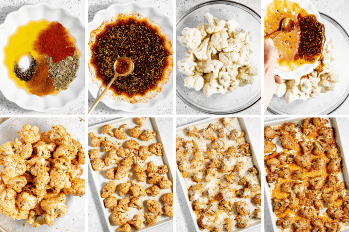 step by step photo collage of how to make parmesan roasted cauliflower.