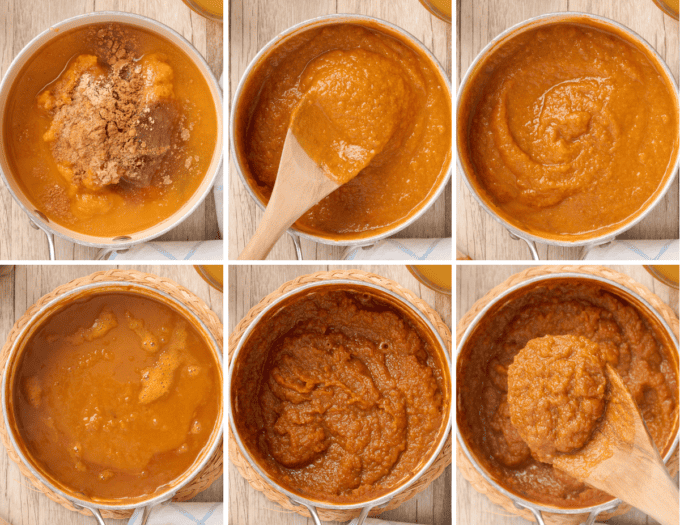 step by step photo collage of how to make pumpkin butter.