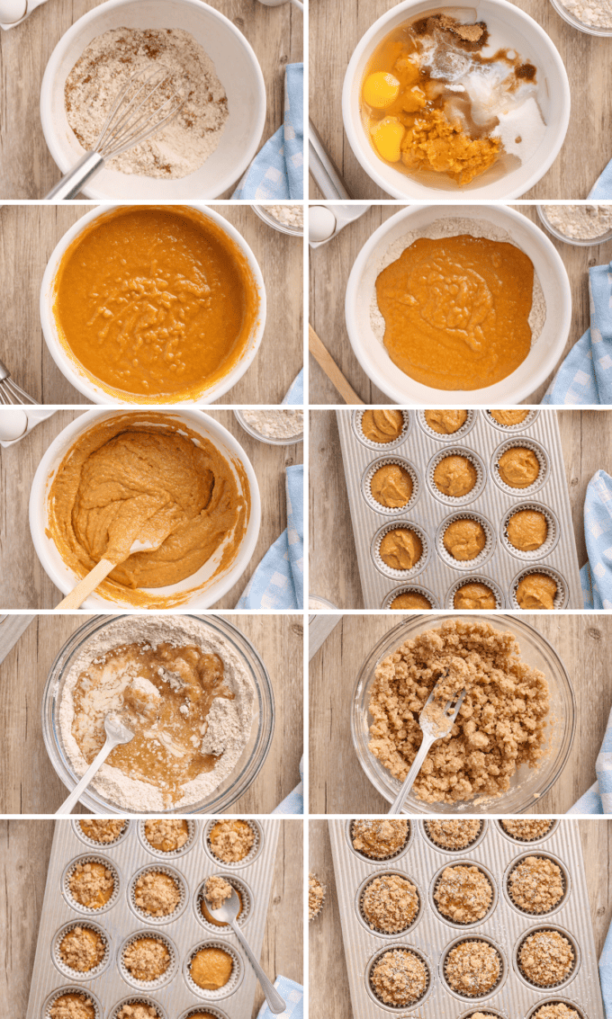 step by step photo collage of how to make pumpkin streusel muffins.