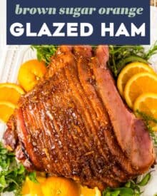 This holiday season, make the most delicious brown sugar orange glazed spiral ham. It only takes about 5 minutes to prep, and the simple 5 ingredient glaze is absolutely mouthwatering! It's all cooked until tender and juicy, then basted until perfectly sticky and caramelized!