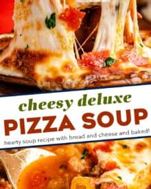 This Deluxe Pizza Soup is brimming with all the flavors of a classic and cheesy deluxe or supreme pizza, but in comforting soup form! Perfect for a weeknight meal, it can be served as a regular soup, or topped with crostini and cheese and baked until gooey and melted (like French onion soup).