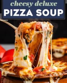 This Deluxe Pizza Soup is brimming with all the flavors of a classic and cheesy deluxe or supreme pizza, but in comforting soup form! Perfect for a weeknight meal, it can be served as a regular soup, or topped with crostini and cheese and baked until gooey and melted (like French onion soup).