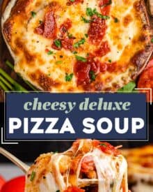This Deluxe Pizza Soup is brimming with all the flavors of a classic and cheesy deluxe or supreme pizza, but in comforting soup form! Perfect for a weeknight meal, it can be served as a regular soup, or topped with crostini and cheese and baked until gooey and melted (like French onion soup).