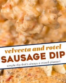 Ultra creamy and rich, this cheesy sausage dip is made with zesty pork sausage, rotel, velveeta, and a few extra additions that bulk up the flavor! Great for parties or game day, this dip is slow cooker friendly as well.