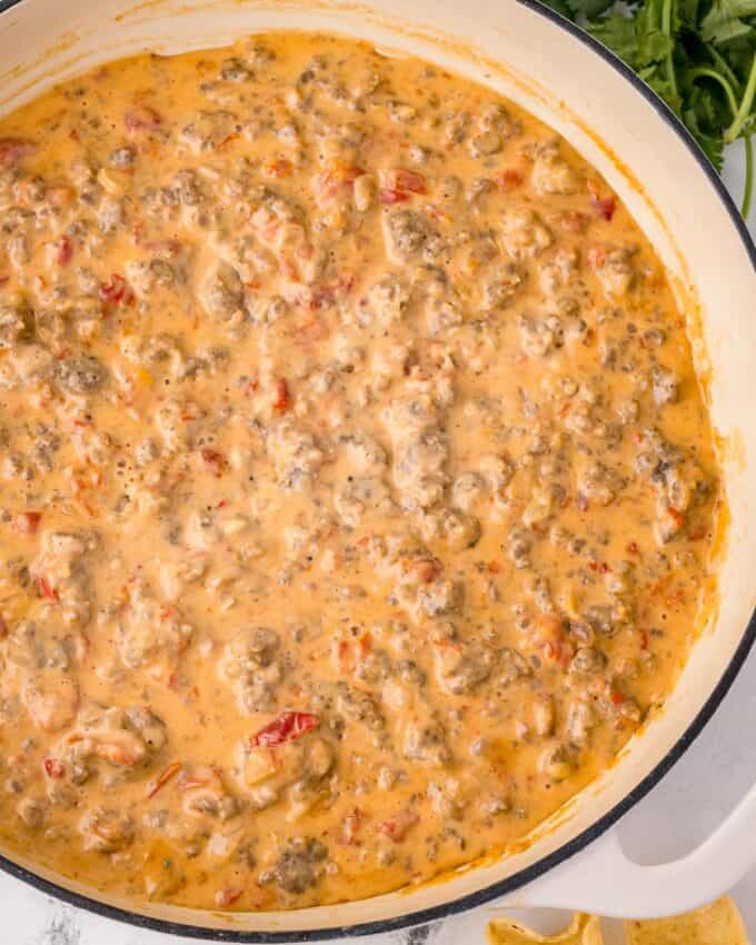 overhead photo of cheesy sausage dip with rotel in a skillet.