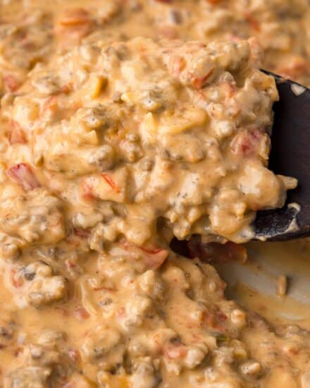 Ultra creamy and rich, this cheesy sausage dip is made with zesty pork sausage, rotel, velveeta, and a few extra additions that bulk up the flavor! Great for parties or game day, this dip is slow cooker friendly as well.