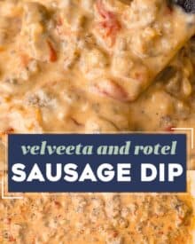 Ultra creamy and rich, this cheesy sausage dip is made with zesty pork sausage, rotel, velveeta, and a few extra additions that bulk up the flavor! Great for parties or game day, this dip is slow cooker friendly as well.