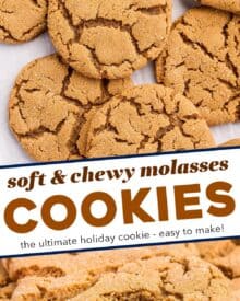 Chewy and perfectly spiced, these molasses cookies are full of sweet molasses flavor! As a bonus, they also don't require any chilling, and the dough can be made ahead. Absolutely amazing on a holiday dessert tray, or for a fun winter afternoon treat!