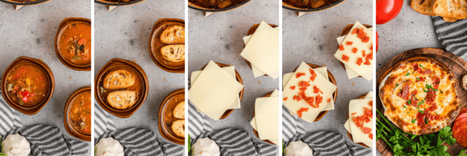 step by step photo collage of how to finish pizza soup by giving it a cheesy crostini bake.