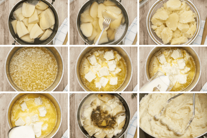 step by step photo collage for how to make cream cheese mashed potatoes.