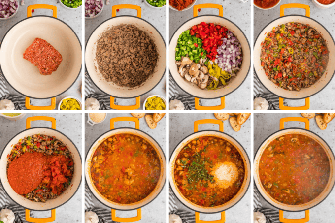 step by step photo collage of how to make pizza soup.