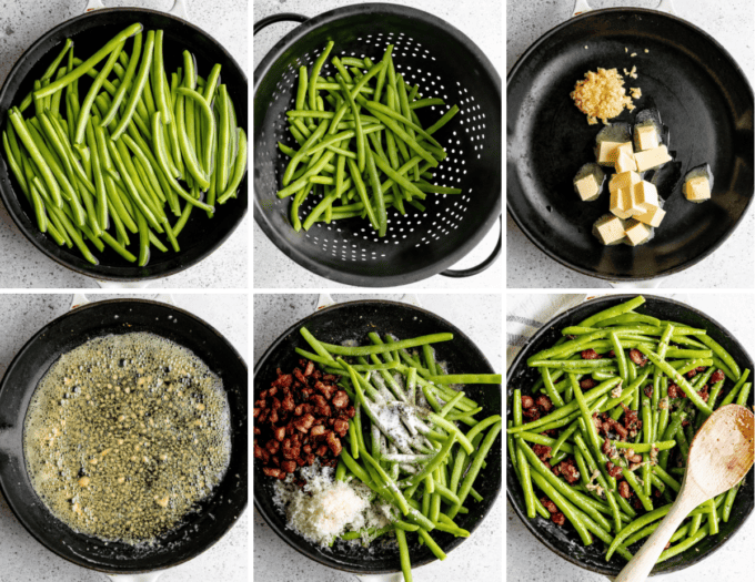 step by step photo collage of how to make garlic green beans with bacon