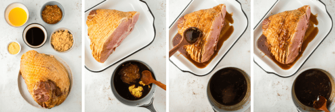 step by step photo collage of how to make glazed spiral ham.