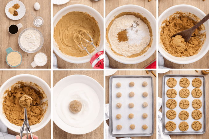step by step photo collage of how to make chewy molasses cookies.
