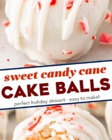 These candy cane cake balls are full of sweet peppermint flavor and crunch, coated in a vanilla candy coating, and sprinkled with more crushed candy canes! Perfect for the holidays, these are just like cake pops (just without the stick), and a favorite among people of all ages!