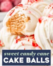 These candy cane cake balls are full of sweet peppermint flavor and crunch, coated in a vanilla candy coating, and sprinkled with more crushed candy canes! Perfect for the holidays, these are just like cake pops (just without the stick), and a favorite among people of all ages!