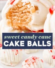 These candy cane cake balls are full of sweet peppermint flavor and crunch, coated in a vanilla candy coating, and sprinkled with more crushed candy canes! Perfect for the holidays, these are just like cake pops (just without the stick), and a favorite among people of all ages!