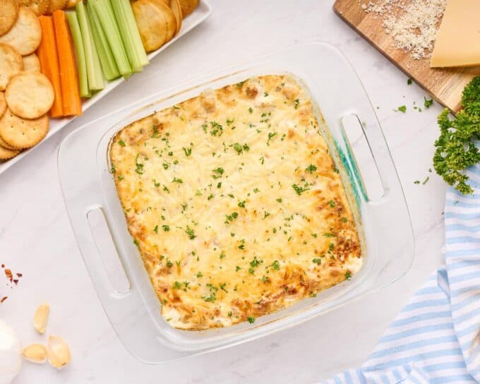 overhead photo of a baking dish full of baked shrimp dip.