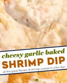 Creamy, cheesy and garlicky, this baked shrimp dip tastes like a dip-able version of shrimp scampi! Perfect for a party or game day gathering!