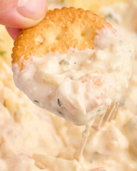 Creamy, cheesy and garlicky, this baked shrimp dip tastes like a dip-able version of shrimp scampi! Perfect for a party or game day gathering!