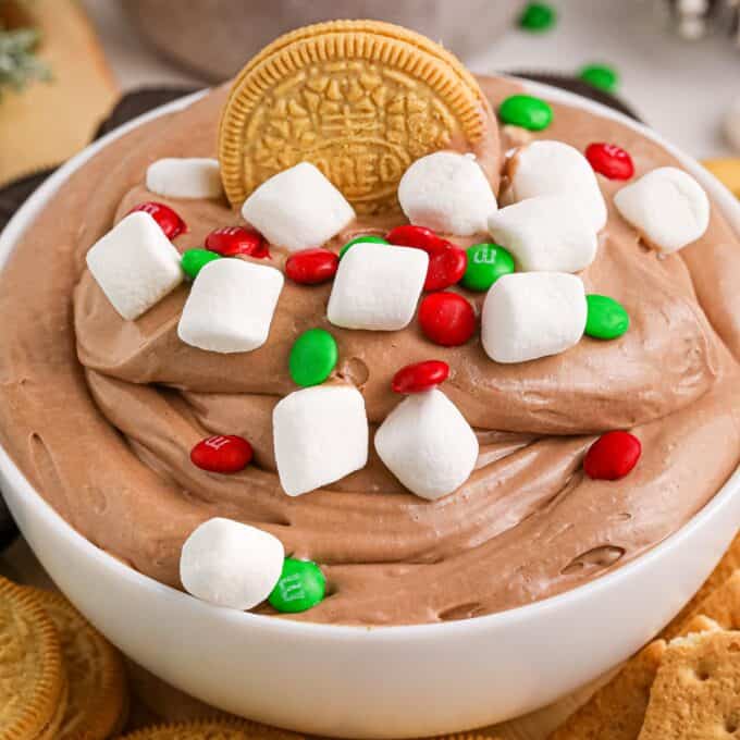 white serving bowl of hot cocoa dip