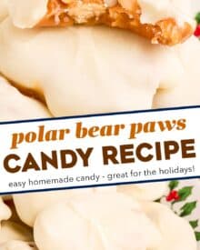 These polar bear paw candies are caramel nut clusters (made with peanut and cashews) that are coated in a blanket of creamy white chocolate. They're perfect for the holiday season since they're no-bake, easy, and taste amazing!