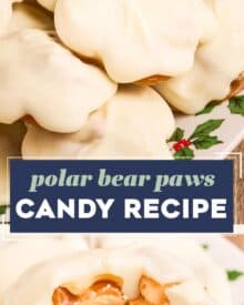 These polar bear paw candies are caramel nut clusters (made with peanut and cashews) that are coated in a blanket of creamy white chocolate. They're perfect for the holiday season since they're no-bake, easy, and taste amazing!