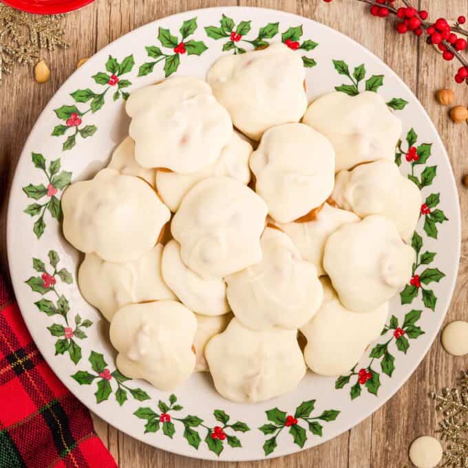 pile of polar bear paw candy on a holiday plate.