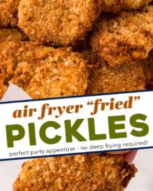 These "fried" pickles are the ultimate party food! Made with simple ingredients like dill pickles, flour, eggs, seasonings and breadcrumbs, this appetizer recipe is made easily in the air fryer (oven directions too)!