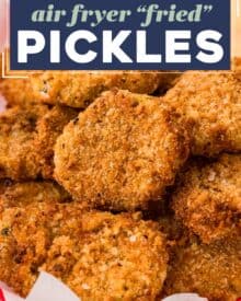 These "fried" pickles are the ultimate party food! Made with simple ingredients like dill pickles, flour, eggs, seasonings and breadcrumbs, this appetizer recipe is made easily in the air fryer (oven directions too)!