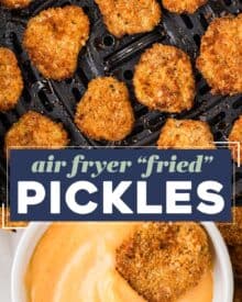 These "fried" pickles are the ultimate party food! Made with simple ingredients like dill pickles, flour, eggs, seasonings and breadcrumbs, this appetizer recipe is made easily in the air fryer (oven directions too)!