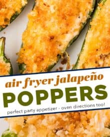 These jalapeño poppers are the ultimate party food! Made with fresh peppers, a rich and creamy cheesy filling, crispy bacon bits, and a crunchy panko breadcrumb topping... this appetizer recipe is made easily in the air fryer (oven directions too)!