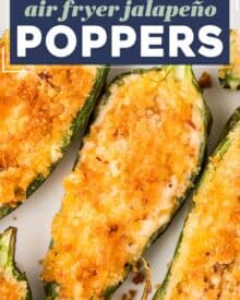 These jalapeño poppers are the ultimate party food! Made with fresh peppers, a rich and creamy cheesy filling, crispy bacon bits, and a crunchy panko breadcrumb topping... this appetizer recipe is made easily in the air fryer (oven directions too)!