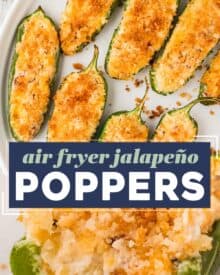 These jalapeño poppers are the ultimate party food! Made with fresh peppers, a rich and creamy cheesy filling, crispy bacon bits, and a crunchy panko breadcrumb topping... this appetizer recipe is made easily in the air fryer (oven directions too)!