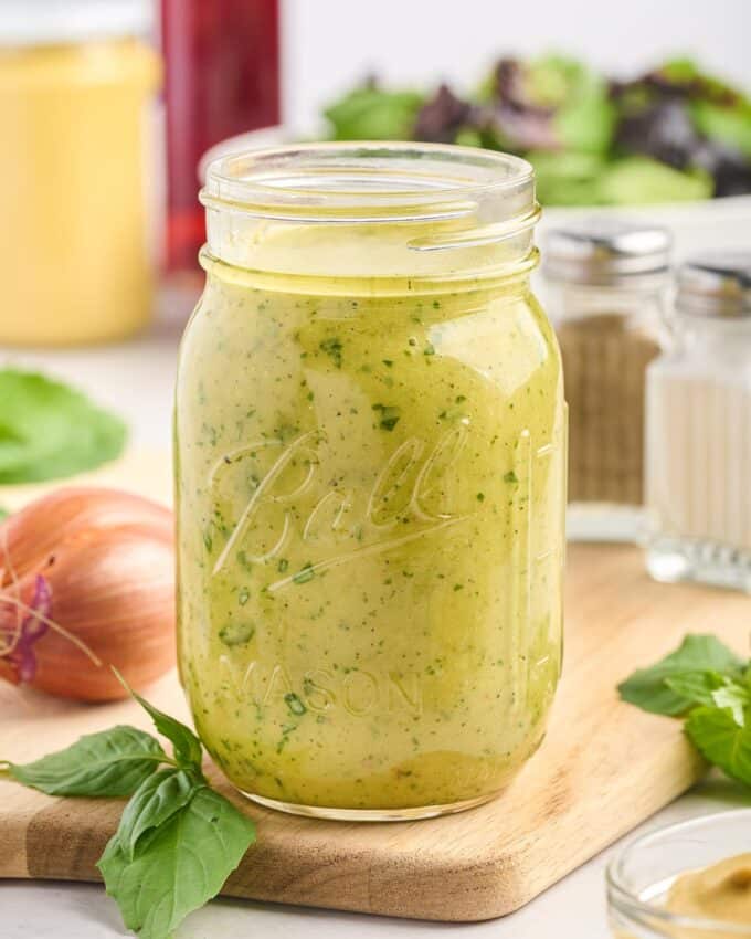 mason jar full of homemade salad dressing