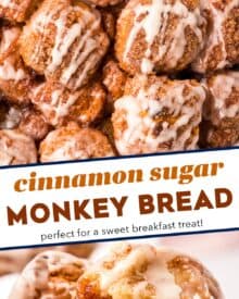 Monkey bread is a family-favorite sweet breakfast treat that's so easy to make! This version uses canned biscuit dough (nice and simple!) that's rolled in cinnamon sugar and baked until gooey and browned. Topped with a classic sweet glaze, each bite tastes like the center part of a cinnamon roll!