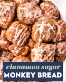 Monkey bread is a family-favorite sweet breakfast treat that's so easy to make! This version uses canned biscuit dough (nice and simple!) that's rolled in cinnamon sugar and baked until gooey and browned. Topped with a classic sweet glaze, each bite tastes like the center part of a cinnamon roll!