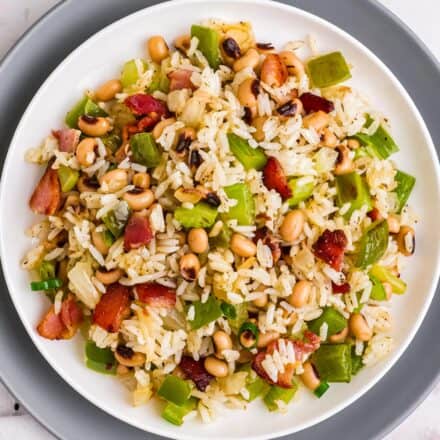 overhead photo of hoppin john on a white plate.