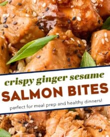 Tender and flaky bites of salmon are coated with a ginger sesame sauce, all cooked together in one pan, and ready in about 20-25 minutes. Serve with some rice and vegetables and you have a quick and easy (and healthy!) dinner on the table!