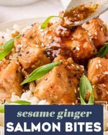 Tender and flaky bites of salmon are coated with a ginger sesame sauce, all cooked together in one pan, and ready in about 20-25 minutes. Serve with some rice and vegetables and you have a quick and easy (and healthy!) dinner on the table!