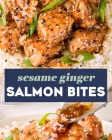 Tender and flaky bites of salmon are coated with a ginger sesame sauce, all cooked together in one pan, and ready in about 20-25 minutes. Serve with some rice and vegetables and you have a quick and easy (and healthy!) dinner on the table!